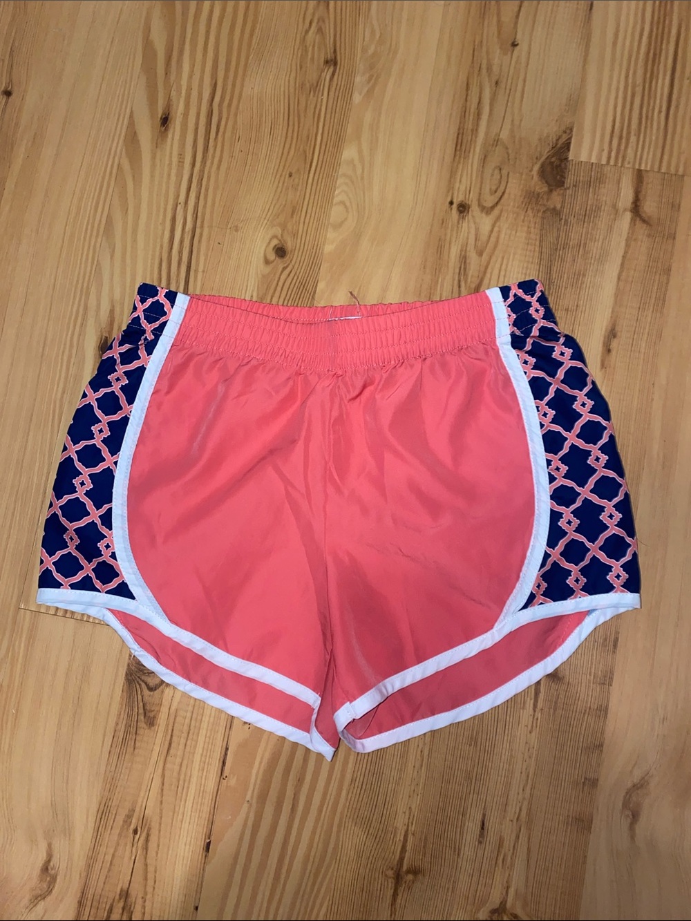 Mud Pie Coral Pink Athletic Shorts with Navy Lattice Side Panels